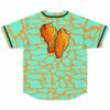 Fried chicken drumstick graphic on mint cracked stone rave baseball jersey, back view
