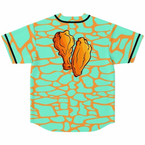 Fried chicken drumstick graphic on mint cracked stone rave baseball jersey, back view