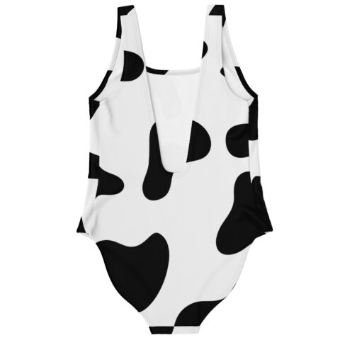 Cow print one piece swimsuit back view flat lay showing scoop back