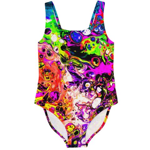Acid trip fluid rave swimsuit front view with neon green pink and black marbled swirl