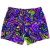 Neon acid trip swirl swim trunks back view showing matching drawstring waistband and pockets