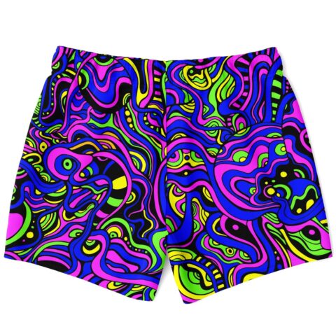 Neon acid trip swirl swim trunks back view showing matching drawstring waistband and pockets