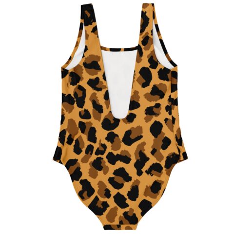 Tan leopard print one-piece swimsuit back view showing deep V cutout