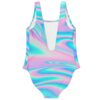 Pastel pink swirling liquid rave swimsuit back view showing low scoop back