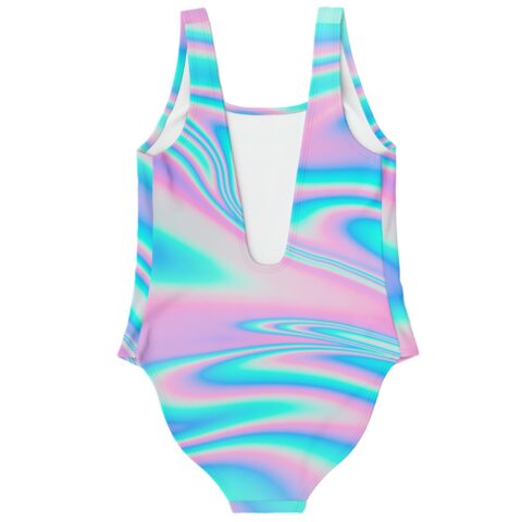 Pastel pink swirling liquid rave swimsuit back view showing low scoop back