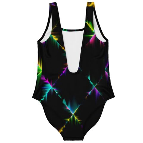 Neon starburst diamond print swimsuit showing low scoop back and white lining