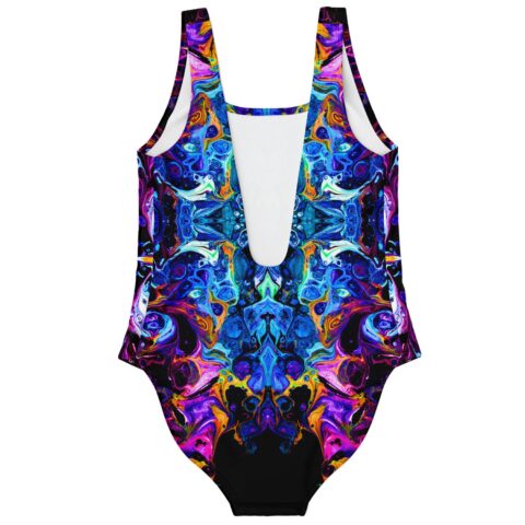 Mirrored acid-marble rave swimsuit back view showing low scoop back and matching swirl pattern
