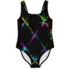 One-piece swimsuit with neon starburst diamond print on black, front view laid flat