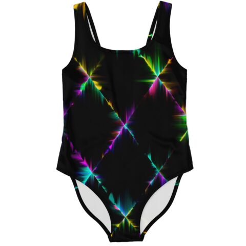 One-piece swimsuit with neon starburst diamond print on black, front view laid flat