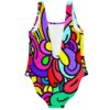 Rainbow abstract swirl one-piece swimsuit back view showing low scoop back