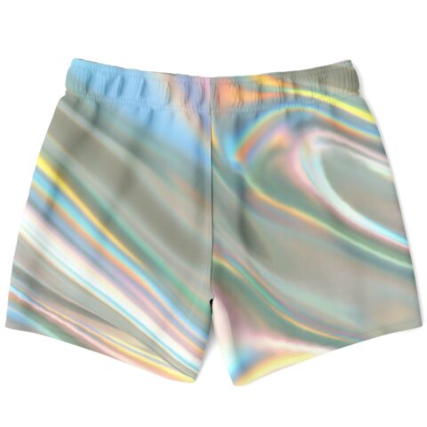 Pastel iridescent swim trunks back view showing swirling holographic pattern