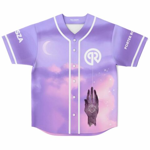 Pastel lilac dreamy sky rave baseball jersey with crescent moon and geometric hand design front