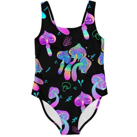 Black one-piece swimsuit with neon psychedelic mushroom print flat lay front view