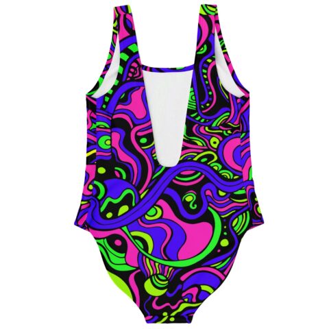 Neon acid trip swirl swimsuit back view showing deep scoop back
