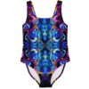 One-piece swimsuit with mirrored acid-marble swirl print in blue, purple, orange; front flat lay