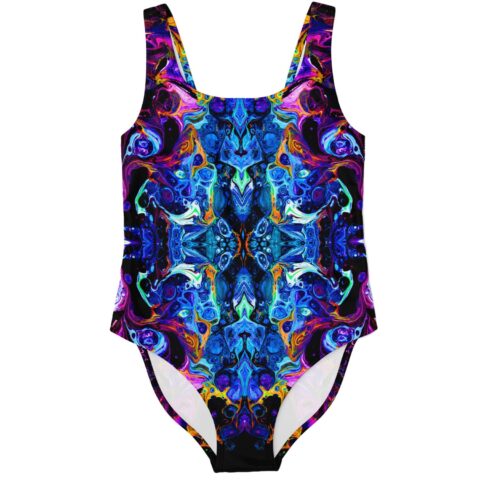 One-piece swimsuit with mirrored acid-marble swirl print in blue, purple, orange; front flat lay