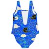 Back view of blue storm cloud swimsuit showing low scoop back and gold outlined swirls