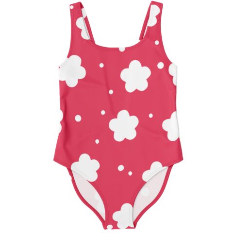 Raspberry rave swimsuit with white cloud flower print front view flat lay