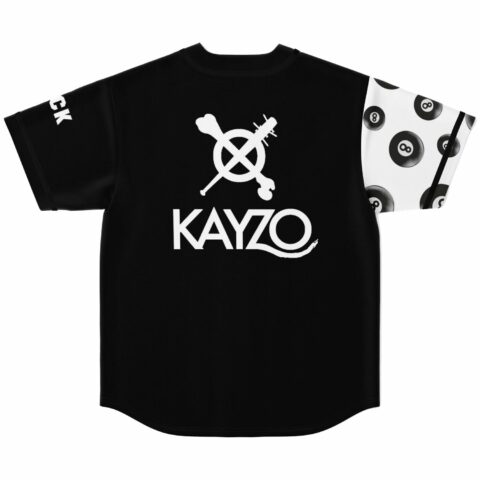 Black jersey back view with cross bones logo and Kayzo text above 8 ball sleeve