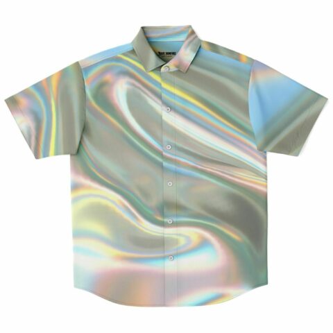 Iridescent short sleeve button-down shirt with swirling color effect