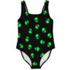 Green alien head print one-piece swimsuit flat lay front view on black