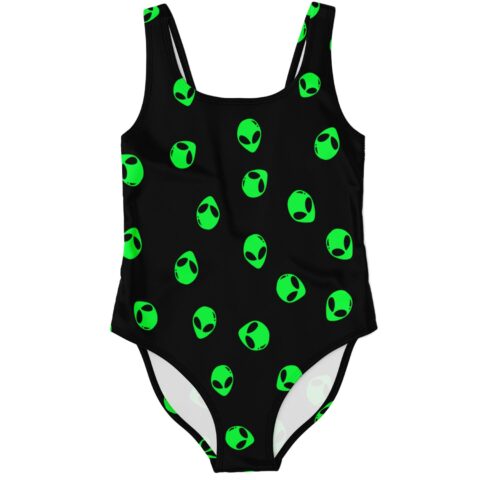 Green alien head print one-piece swimsuit flat lay front view on black