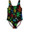 Rainbow cannabis leaf swimsuit laid flat front view on black background