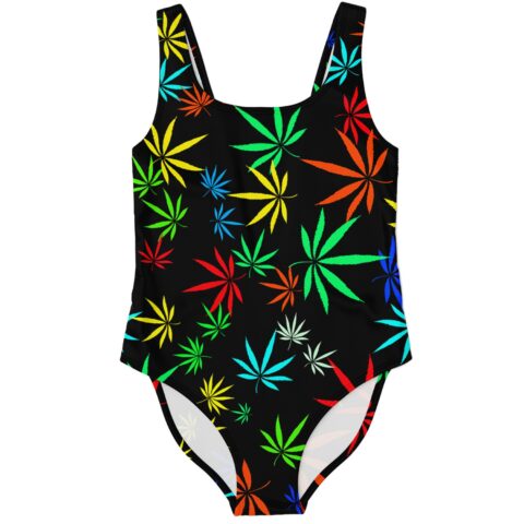 Rainbow cannabis leaf swimsuit laid flat front view on black background