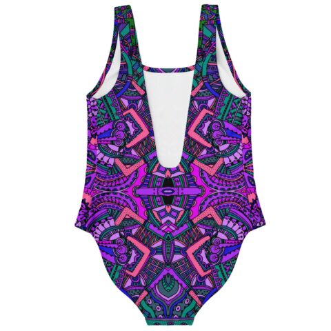 Purple mirrored tribal rave swimsuit flat lay showing scoop back and white lining