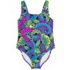 Neon paisley floral rave swimsuit in pink teal and lime green flat front view