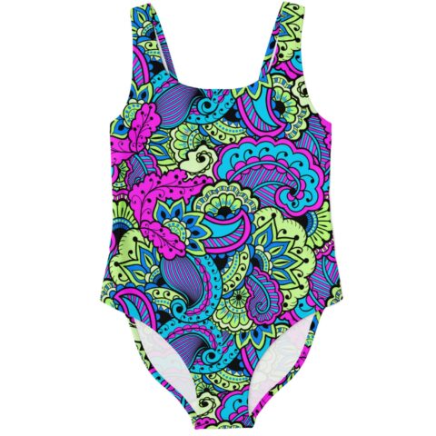 Neon paisley floral rave swimsuit in pink teal and lime green flat front view