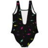 Back view of black lightning bolt print swimsuit showing deep scoop back