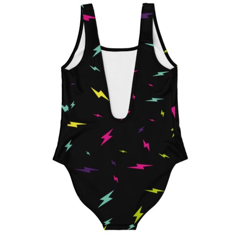 Back view of black lightning bolt print swimsuit showing deep scoop back