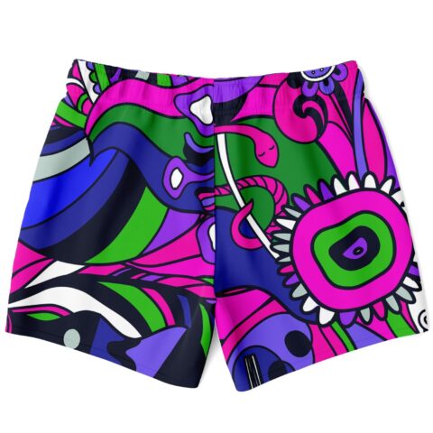 Back view of abstract psychedelic swim trunks showing green and pink flower burst design