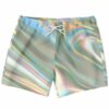 Holographic rave swim trunks with pastel iridescent swirl print and white drawstring front view