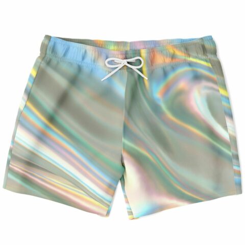 Holographic rave swim trunks with pastel iridescent swirl print and white drawstring front view