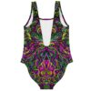 Back view of symmetrical rave one-piece with plunging white-lined V cutout on black swirl print