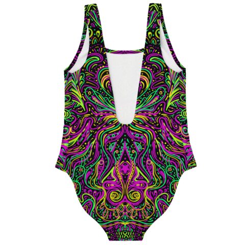 Back view of symmetrical rave one-piece with plunging white-lined V cutout on black swirl print