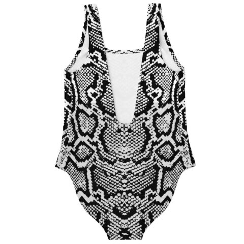 Snakeskin print swimsuit back flat lay showing scoop back cutout design