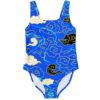 Royal blue swirling cloud print one-piece rave swimsuit front view on white background