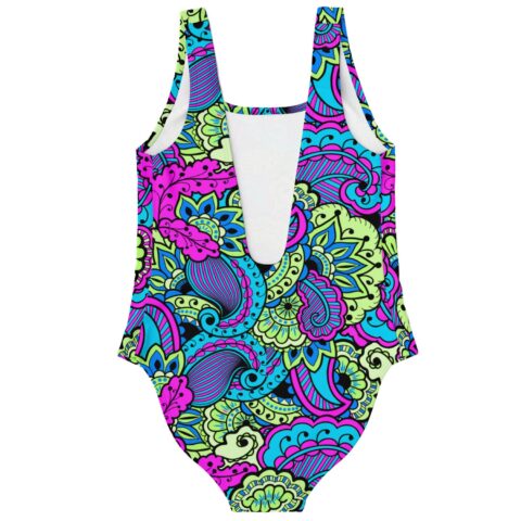 Neon paisley one-piece swimsuit showing plunging front cutout and white lining detail
