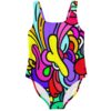 Bold abstract rave swimsuit with rainbow stained-glass swirl print front view