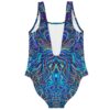 Back view of navy psychedelic swirl swimsuit showing low scoop back and mirrored line art
