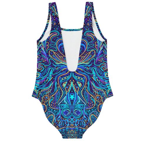 Back view of navy psychedelic swirl swimsuit showing low scoop back and mirrored line art