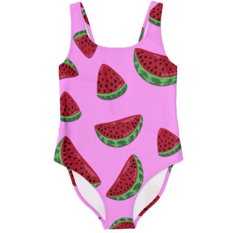 Pink tossed watermelon print one-piece swimsuit front view on white background