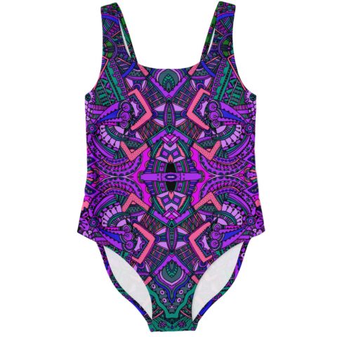Purple mirrored tribal rave swimsuit with symmetrical psychedelic print flat lay front view