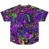 Back view of neon acid trip liquid swirl baseball jersey in pink and green