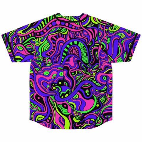Back view of neon acid trip liquid swirl baseball jersey in pink and green