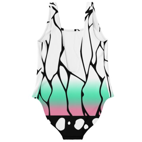 White abstract cracked swimsuit back view with black spotted trim