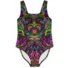 Front view of black one-piece swimsuit with neon pink green and yellow kaleidoscopic swirl print